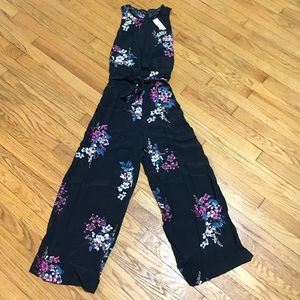 NWT M LOFT black tie-waist floral jumpsuit